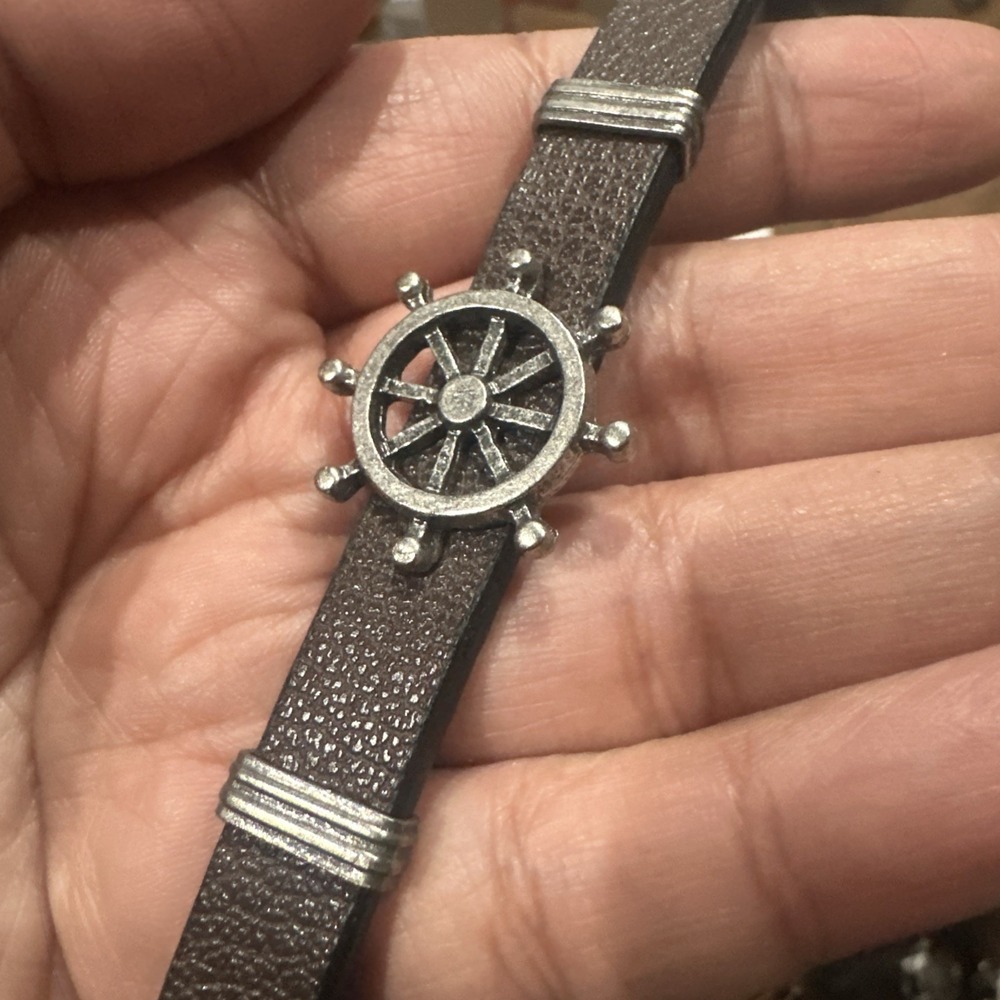 Vintage Men's Brown Ship‎ Boat Wheel Braided Faux Leather Band Gift Fit 7.25in"